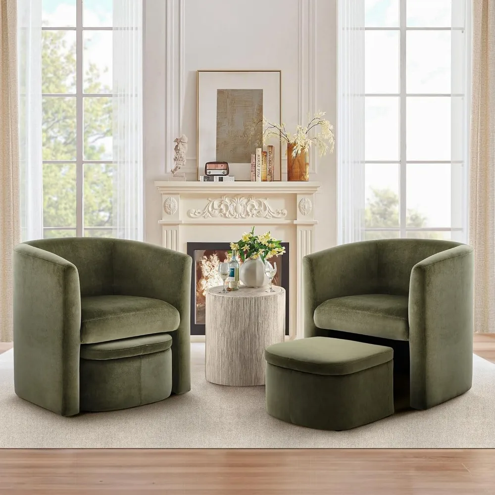 Upholstered Velvet Barrel Accent Chair with Storage Ottoman Set of 2, Morden Living Room Side Chair, Single Sofa Armchair with