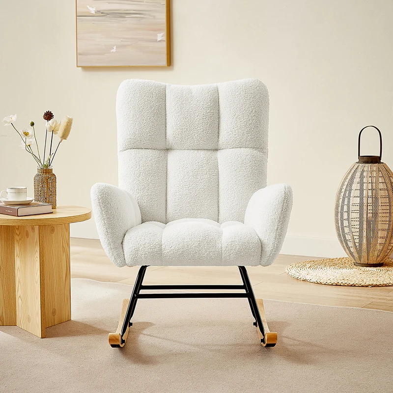 Off White Teddy Fabric Rocking Chair Living Room Chair Bedroom Chair Home Chair with Metal Frame and Solid Wood Legs for Indoor