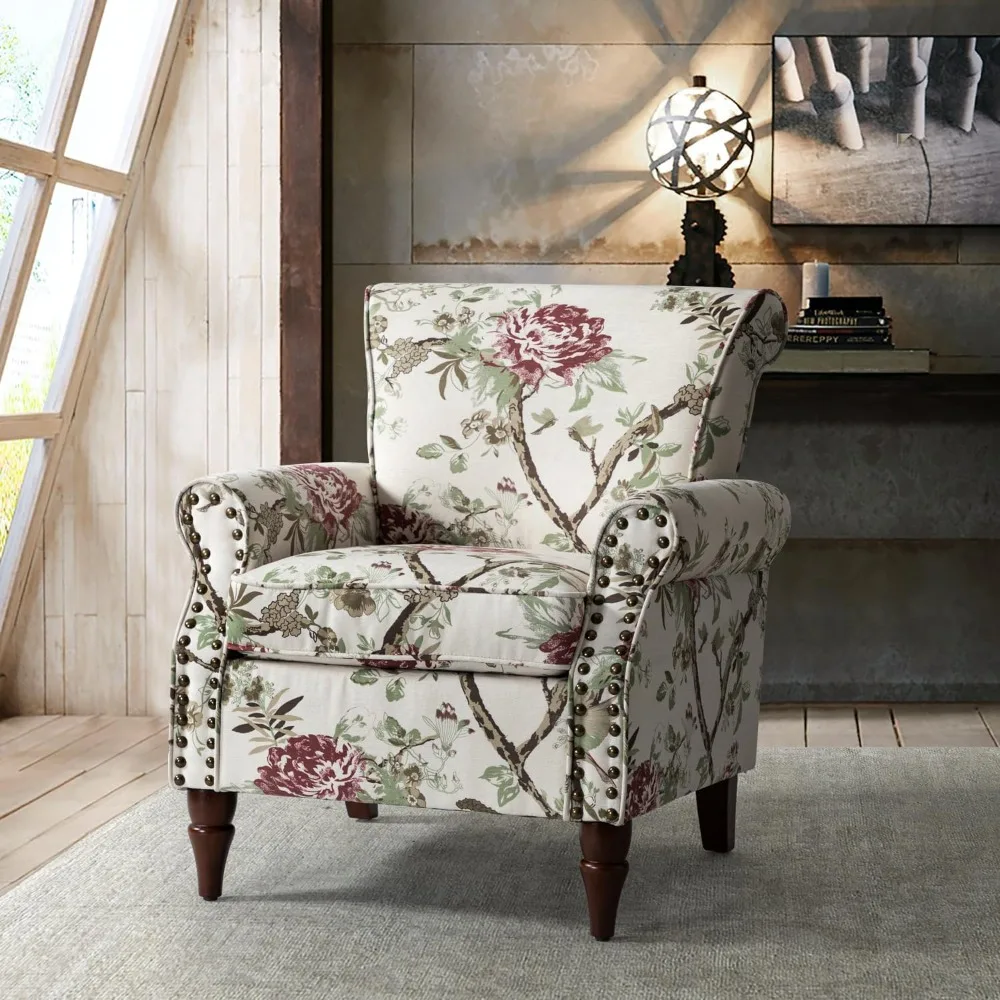 Accent Chair with Wood Legs & Removable Cushion, Comfy Upholstered Armchair with Nailhead Trim, Floral Pattern Sofa Chair