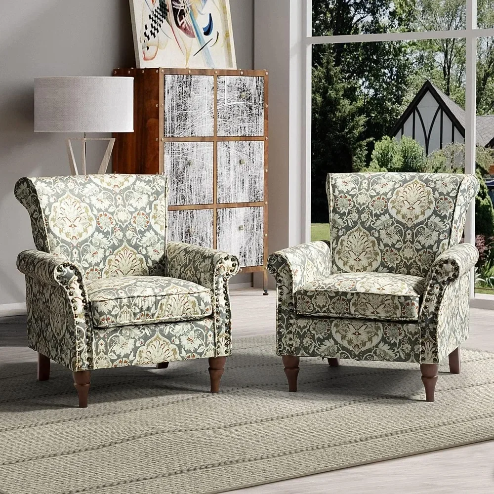 Modern Wingback Accent Chair with Wood Legs & Removable Cushion, Comfy Upholstered Armchair with Nailhead Trim