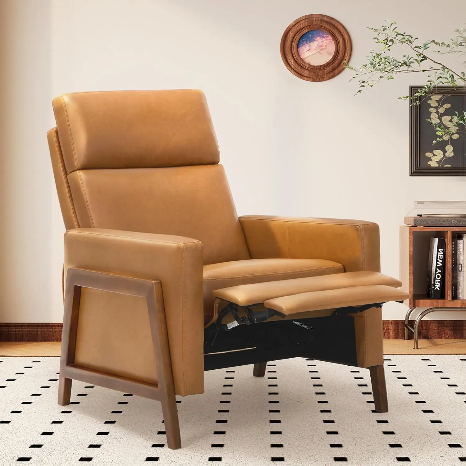 Mid Century Modern Wingback Chair Comfy Armchair PU Leather Living Room Chairs with Wood Legs Push Back Recliner Chair | Urbanaira