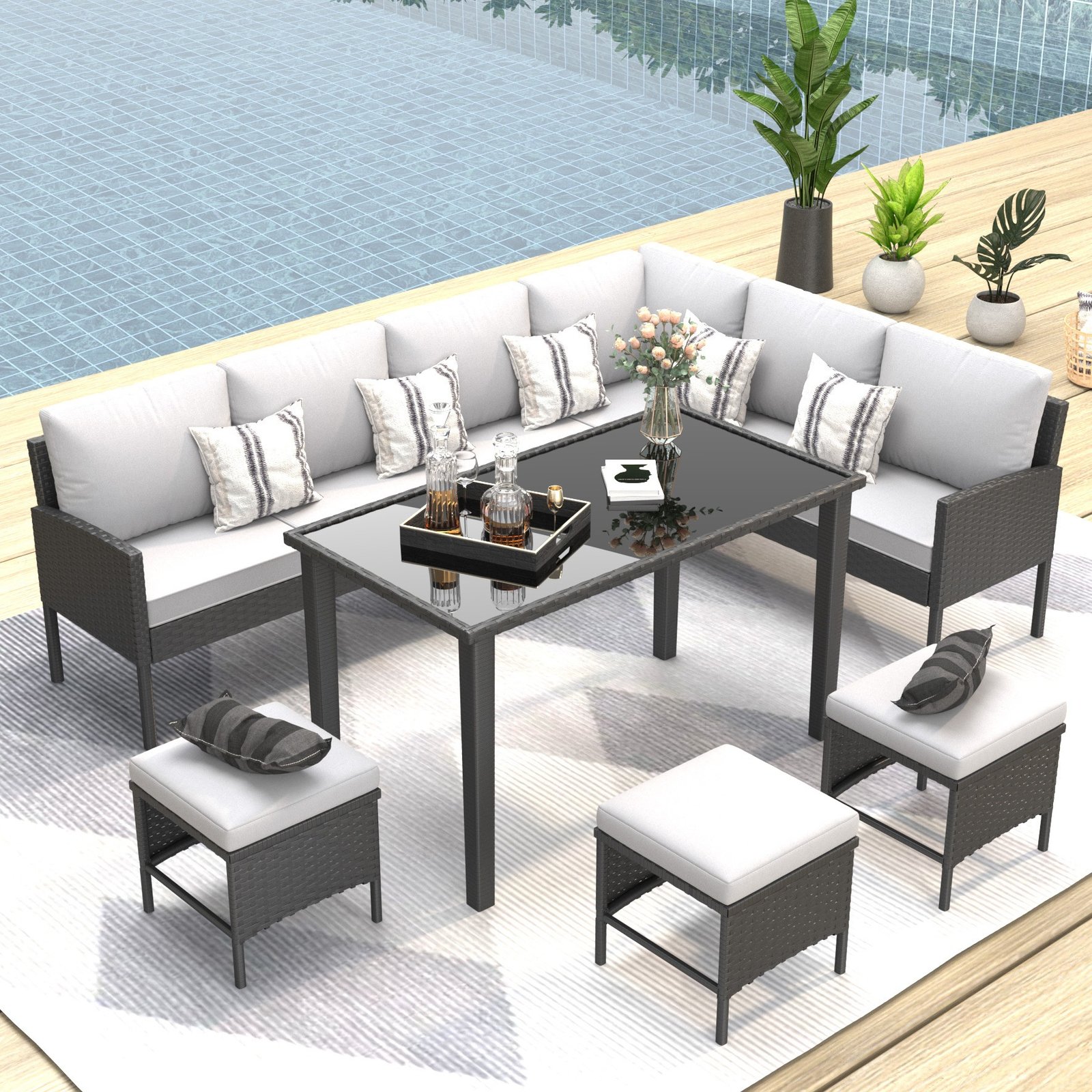 Small Space Patio Furniture 7-piece Outdoor Furniture Set, Backyard Furniture Set, Waterproof Seat Cushion, Glass Table, Space Saving, Suitable For Backyard, Terrace Or Garden,Gray