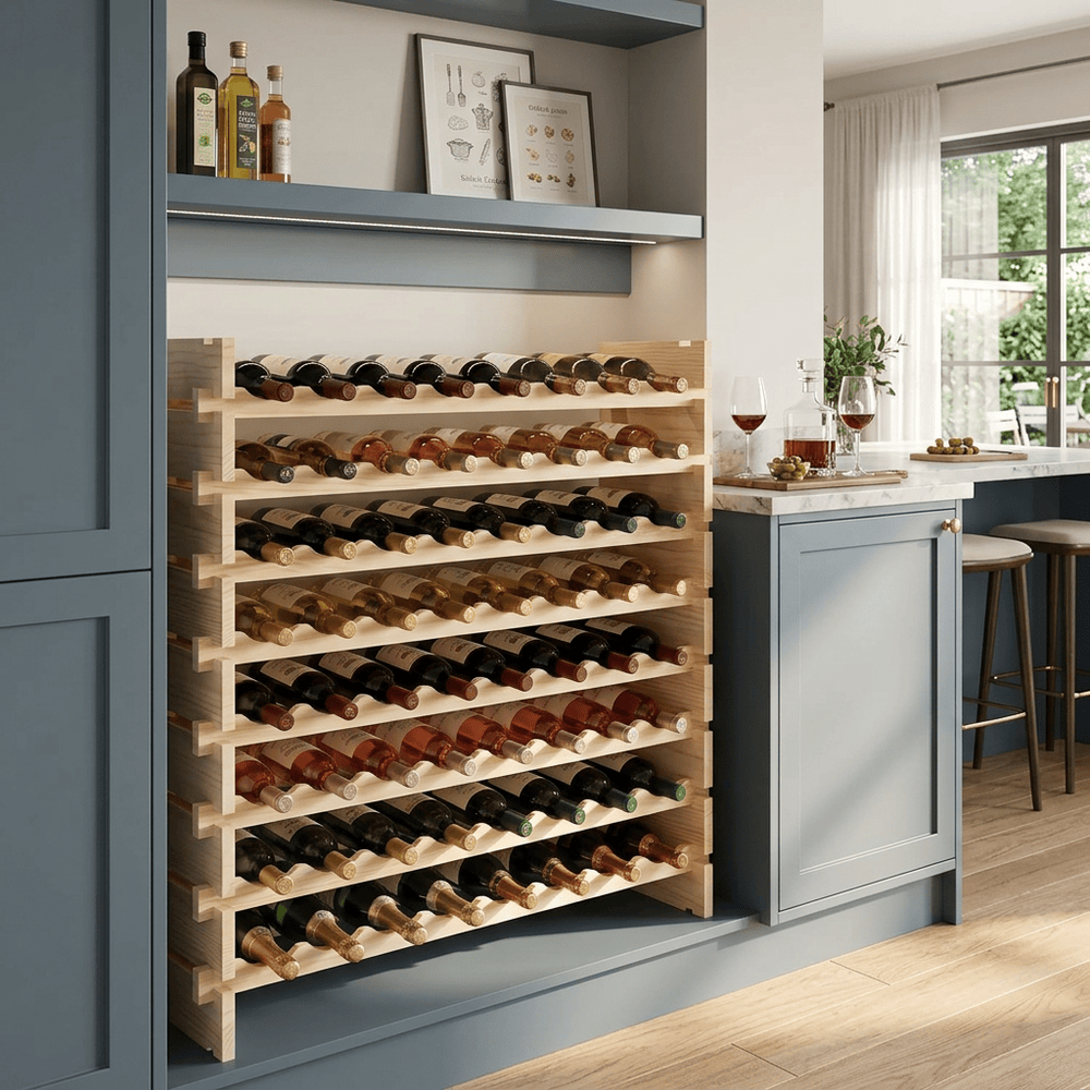 96-Bottle Pine Wine Rack, 8-Tier Stackable Freestanding Floor Storage, No Tools
