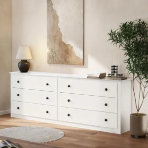 JHK 59IN Wood 6 Dresser Drawers Cabinet for Living Room Stable Structure Storage Wide Chest of Drawers Furniture For Bedroom
